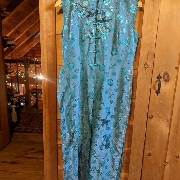 Teal hand-painted Ao Dai Tunic, size 8 - Picture 2 of 6